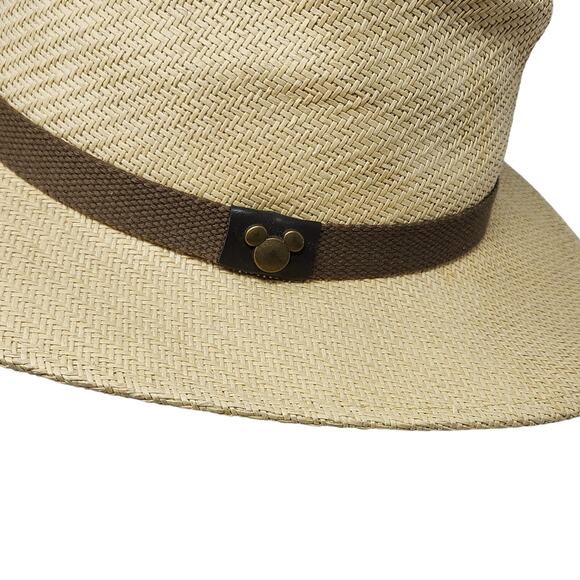 Disney Woven Fedora Panama Hat Adult Size Micky Mouse Metal Logo Brown Belt Trim - Picture 2 of 11